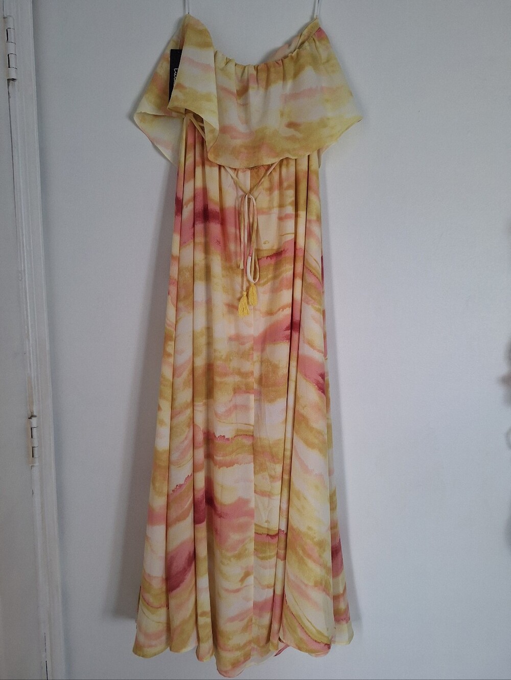 Lulu's Full Of Sunshine Strapless Watercolor Maxi Dress in Yellow & Pink Size M - Picture 10 of 14
